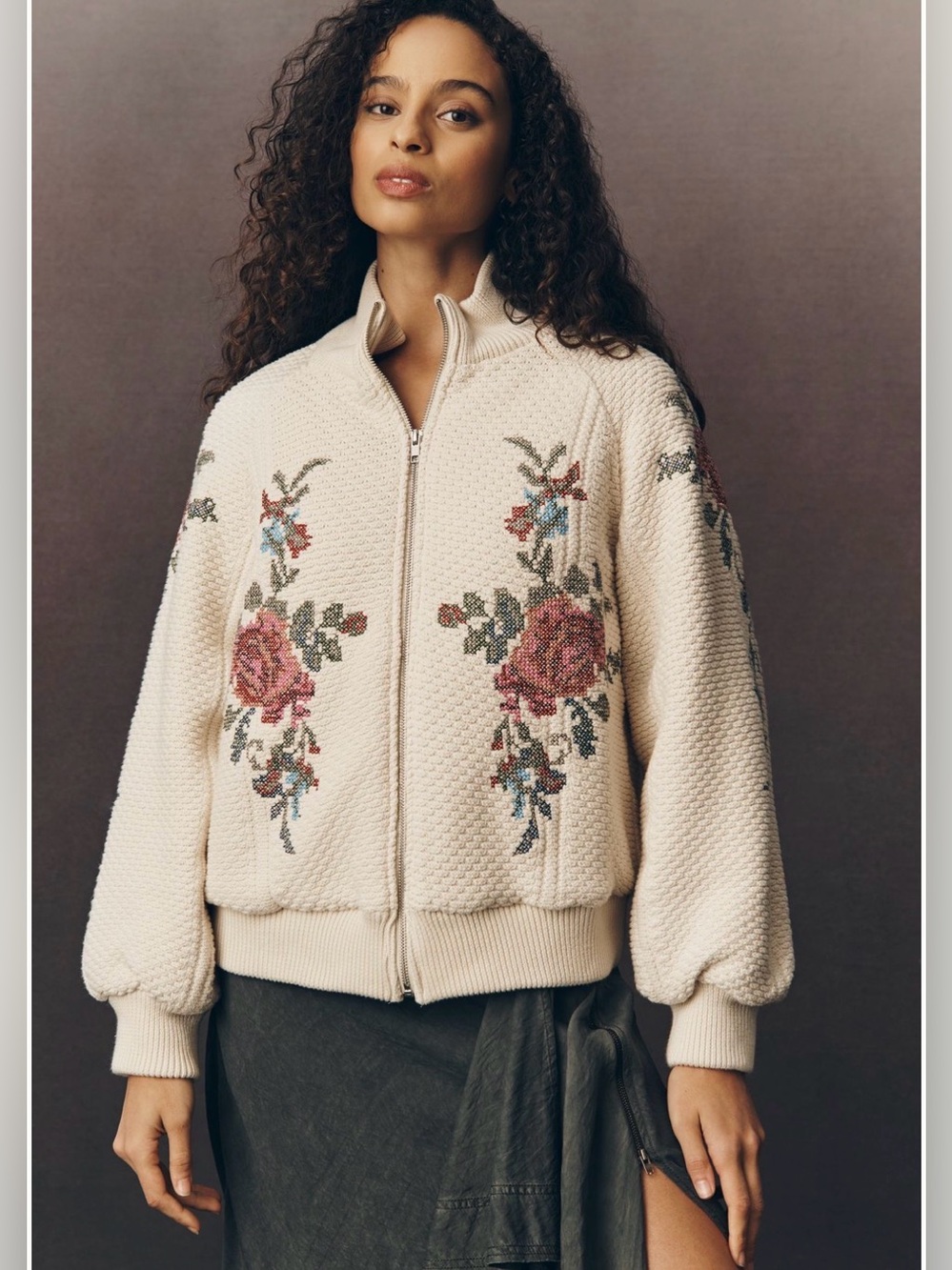 By Anthropologie Embroidered Bomber Cardigan Sweater